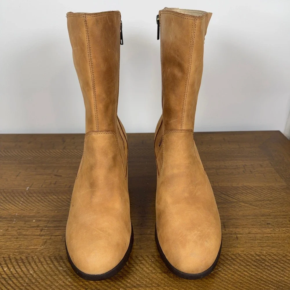 UGG Boots Womens 10 Tan Leather Joely Wedge Shearling Winter Waterproof Y2K